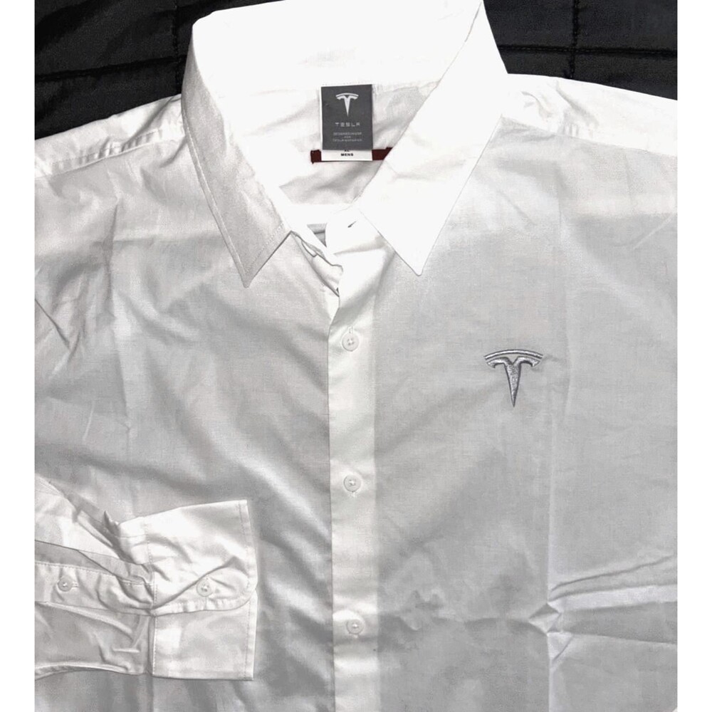 TESLA Logo White Casual Work Button Up Long Sleeve Collared Shirt Men's XL